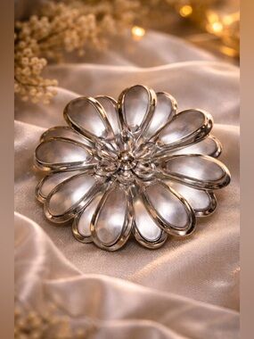 Large Silver Tone Floral Petal Brooch Sculptural Statement Pin • Vintage • EUC